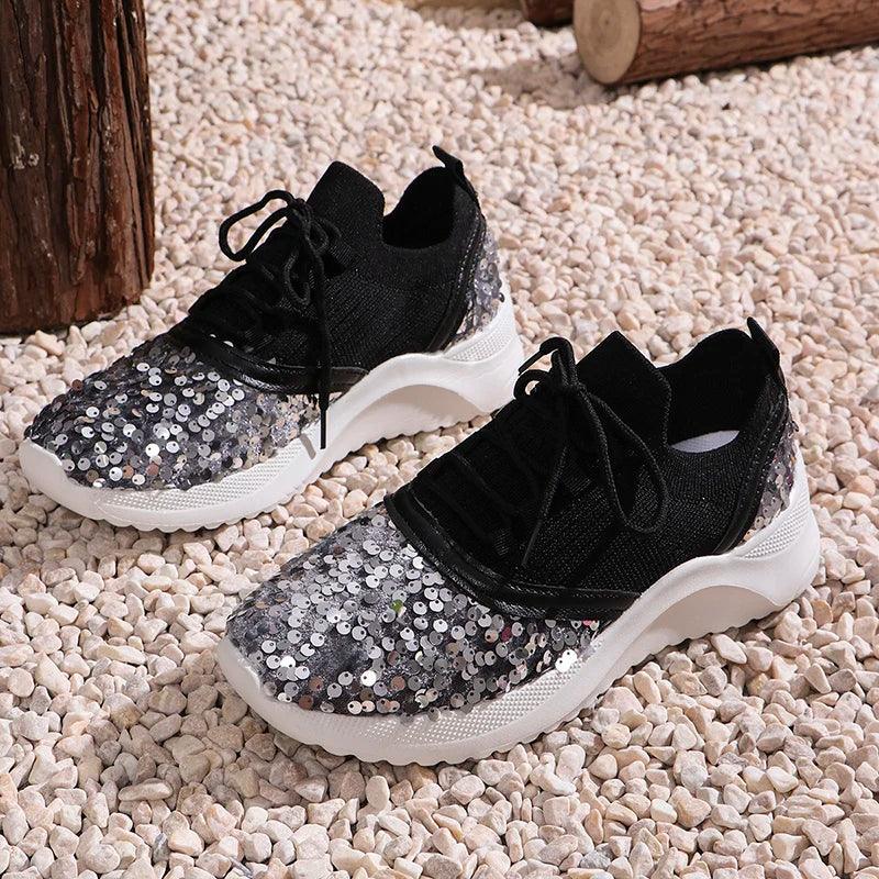 Bling Sequin Women's Sneakers | Breathable Knitted Platform Sports Shoes - Dhavinci