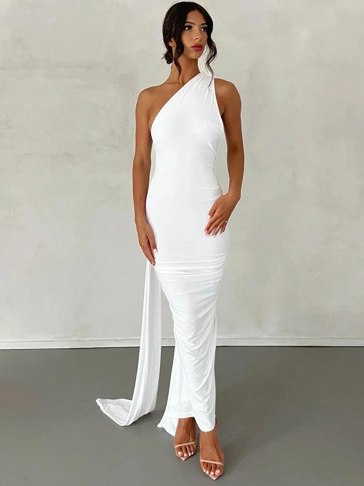 One-Shoulder Backless Maxi Dress for Women | Ruched Y2K Festival Outfit - Dhavinci