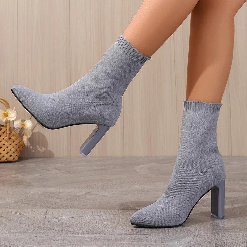 Knitted High Heel Ankle Boots for Women | Pointed Toe Sock Boots - Dhavinci