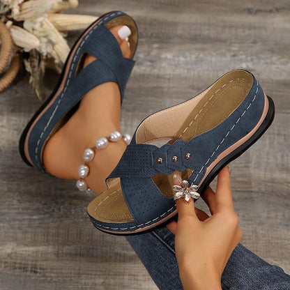 Rivet Platform Slippers | Women’s Cross Strap Wedge Sandals - Dhavinci