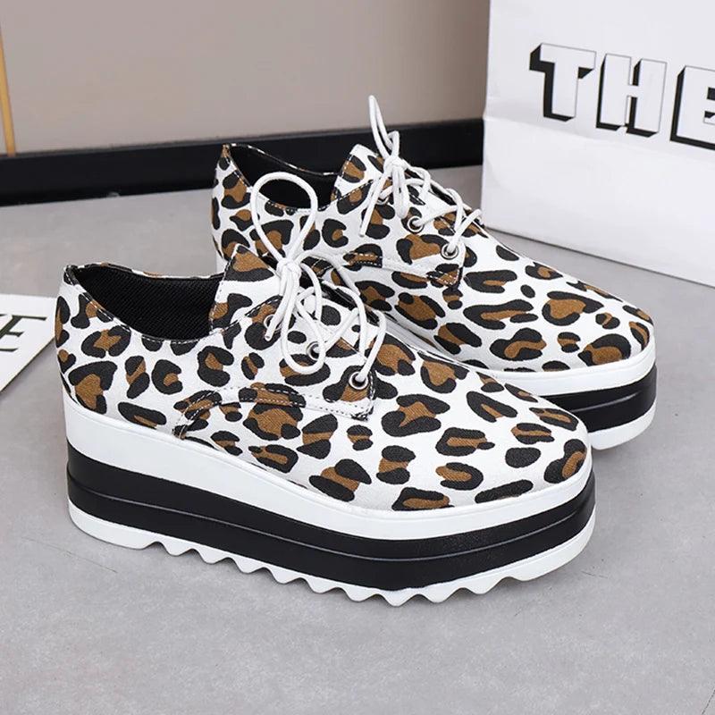 Leopard Print Platform Sneakers for Women | Chunky Bottom Lace-Up Shoes - Dhavinci