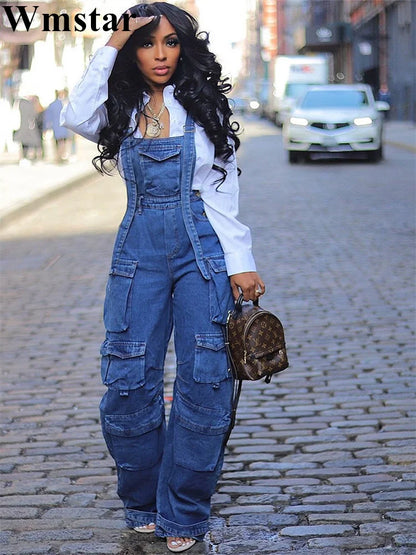 Wmstar Women Jumpsuit Fashion Rompers Streetwear Sleeveless Denim Vintage Loose Jeans Overalls Pockets Wide Leg Female Pants - Dhavinci