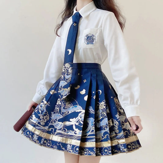 Chinese traditional hanfu clothing vintage JK suit printing folk dance Skirt gold stamping improved hanfu Horse face short skirt - Dhavinci