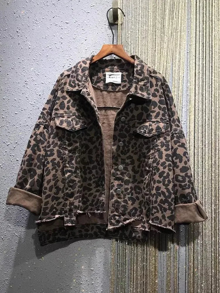 New Loose Leopard Denim Jacket Women Shirt Style Jeancoat Spring Autumn Female Casual Top Street Outerwear Lady Student Jacket - Dhavinci