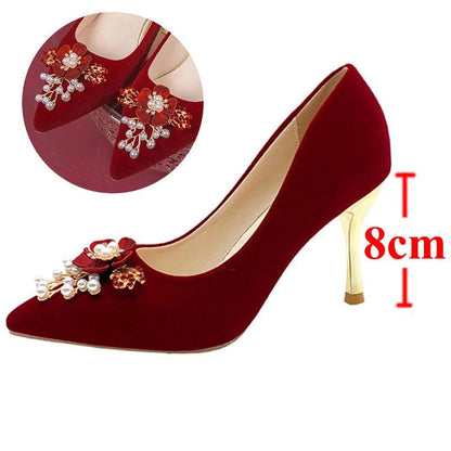 Spring Pearl Flower Wedding Shoes for Brides - Elegant Thin Heels - Dhavinci