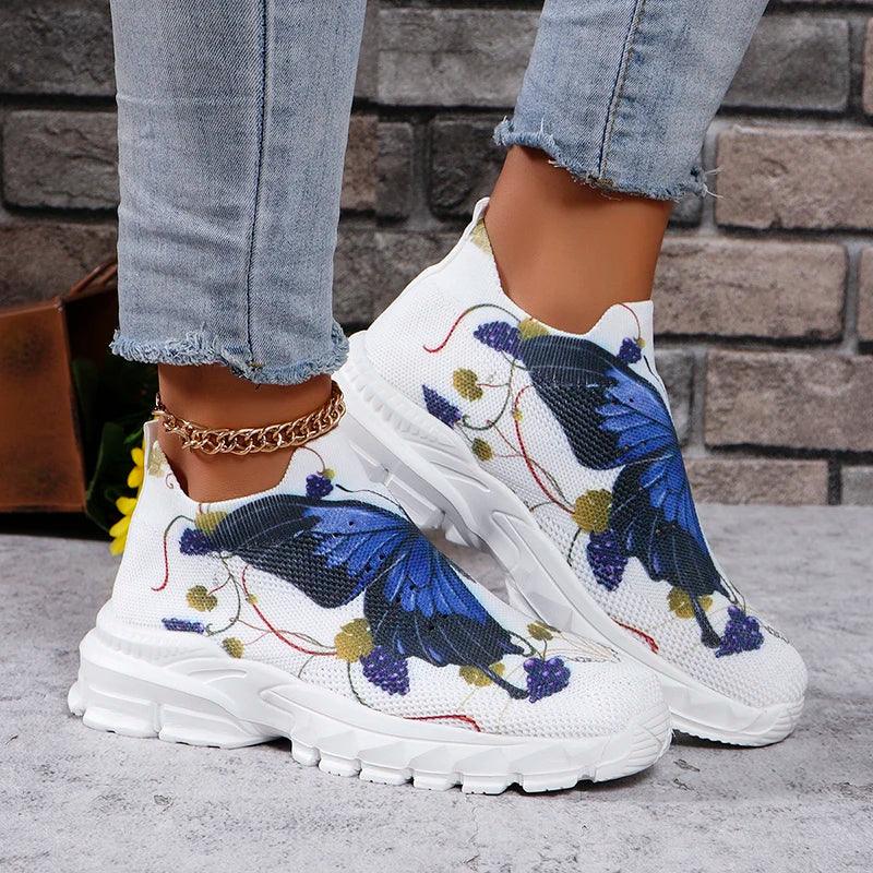 Butterfly Print Platform Sneakers for Women | Slip-On Breathable Casual Shoes - Dhavinci