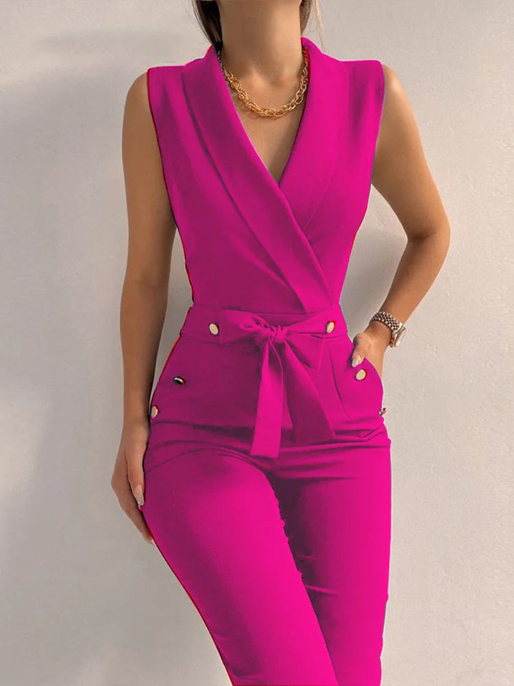 Casual V-Neck Jumpsuit for Women | Sleeveless, Lace-Up, Wide Leg - Dhavinci