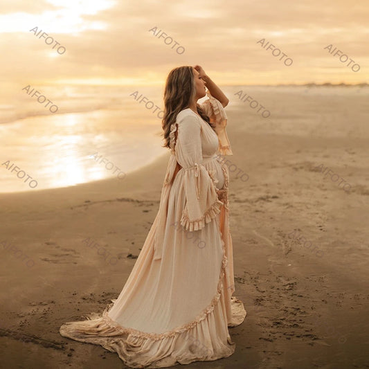 Maternity Photography Gown Linen Cotton Bohemian Ruffled Butterfly Dew Back Dress Pregnant Women Dresses For Photo Shooting - Dhavinci