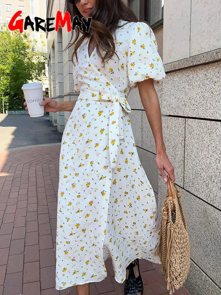 Casual Women's Summer Dresses 100% Cotton Floral Print A-line Midi Dress with Side Slits Long Elegant White Dress for Women 2024 - Dhavinci