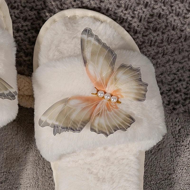 Fashion Butterfly Fur Slippers for Women | Warm Plush Winter Slides - Dhavinci