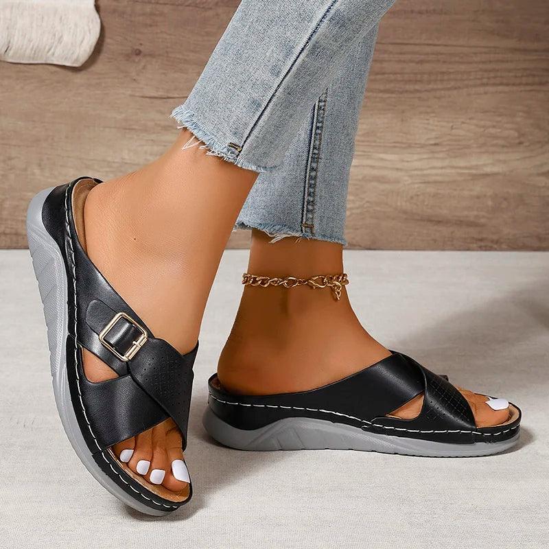 Fashion Buckle Platform Slippers for Women - Leather Cross Strap Sandals - Dhavinci