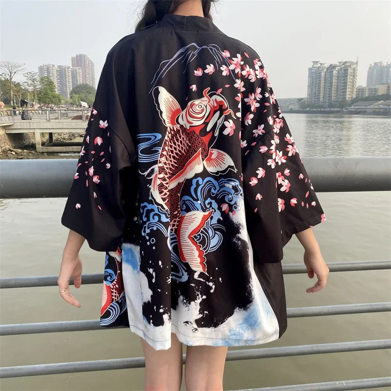 Bebovizi Japanese Style Flaming Phenix Print Cardigan Kimono Harajuku Women Men Sexy Yukata Female Streetwear Traditional Haori - Dhavinci