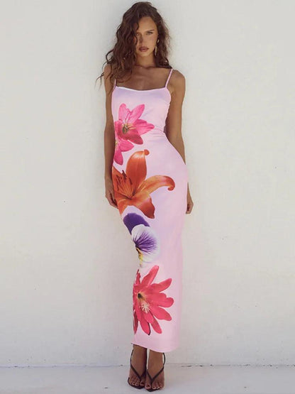 Floral Print Spaghetti Strap Long Dress for Women | Sexy Backless Midi Gown - Dhavinci