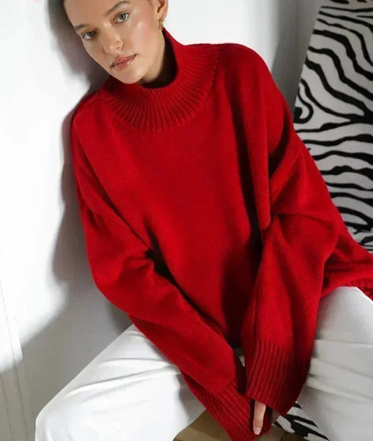 Oversized Turtleneck Sweater for Women | Vintage Red & Gray Knitted Pullover - Dhavinci