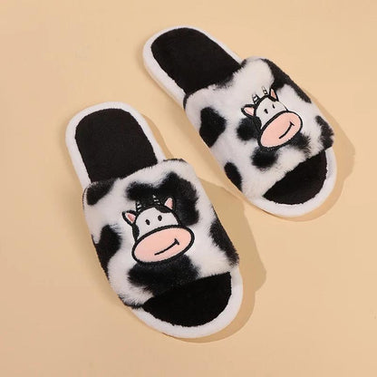 Cartoon Cow Fur Slippers for Women | Warm Fluffy Open Toe Home Slides - Dhavinci