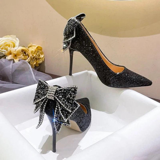 Shiny Bowknot Thin Heels Pumps for Women | Glitter Crystal Party Shoes - Dhavinci