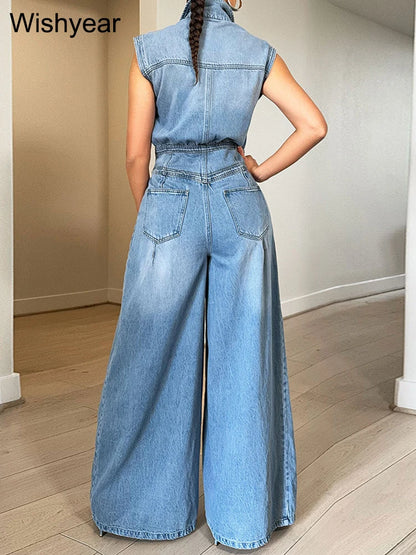 Vintage Loose Denim Wide Leg Pants Jumpsuit Women Pocket Sleeveless Single Breasted Baggy Jean One Piece Rompers Street Overalls - Dhavinci