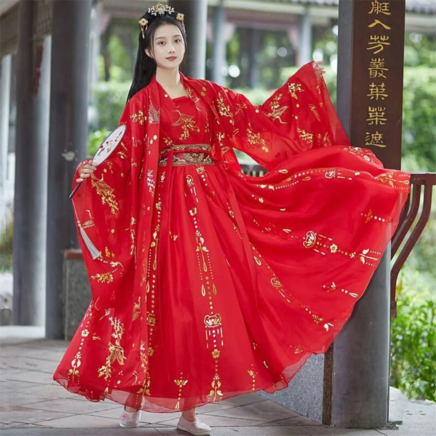 Chinese Hanfu Dress Women Traditional Vintage Hanfu Halloween Cosplay Costume Dance Dress Hanfu Gradient Red white 4pcs Sets - Dhavinci