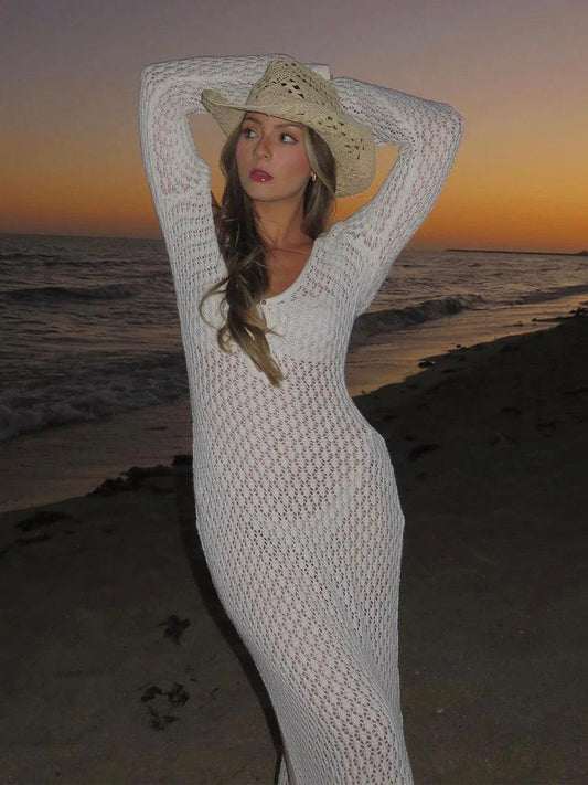 Sexy White Knit Beach Cover-Up Dress for Women | V-Neck Backless - Dhavinci