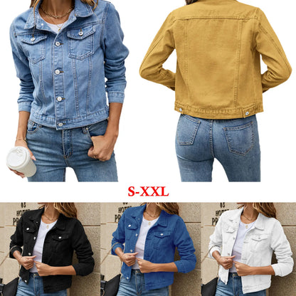 Women's Denim Jackets Fashion Female Casual Long Sleeve Lapel Solid Button Down Chest Pocket Slim Jean Jacket Fall Winter Coat - Dhavinci