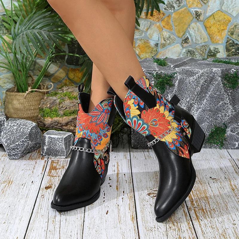 Western Cowboy Boots for Women | Pointed Toe High Heel Ankle Boots - Dhavinci