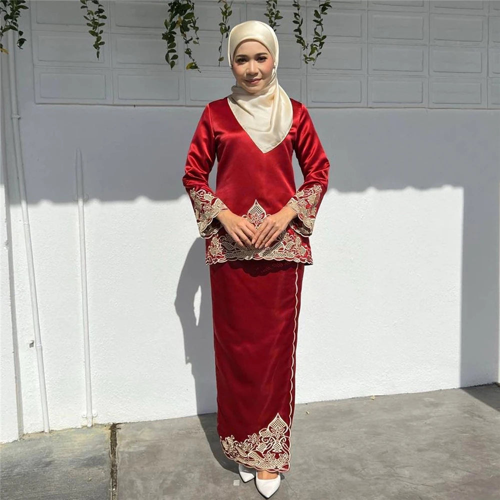 Turkey Ramadan Muslim Set | Satin Baju Kurung with Embroidery - Dhavinci