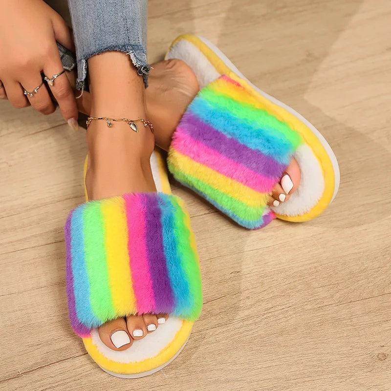 Mix Color Faux Fur Slippers for Women | Rainbow Plush House Shoes - Dhavinci