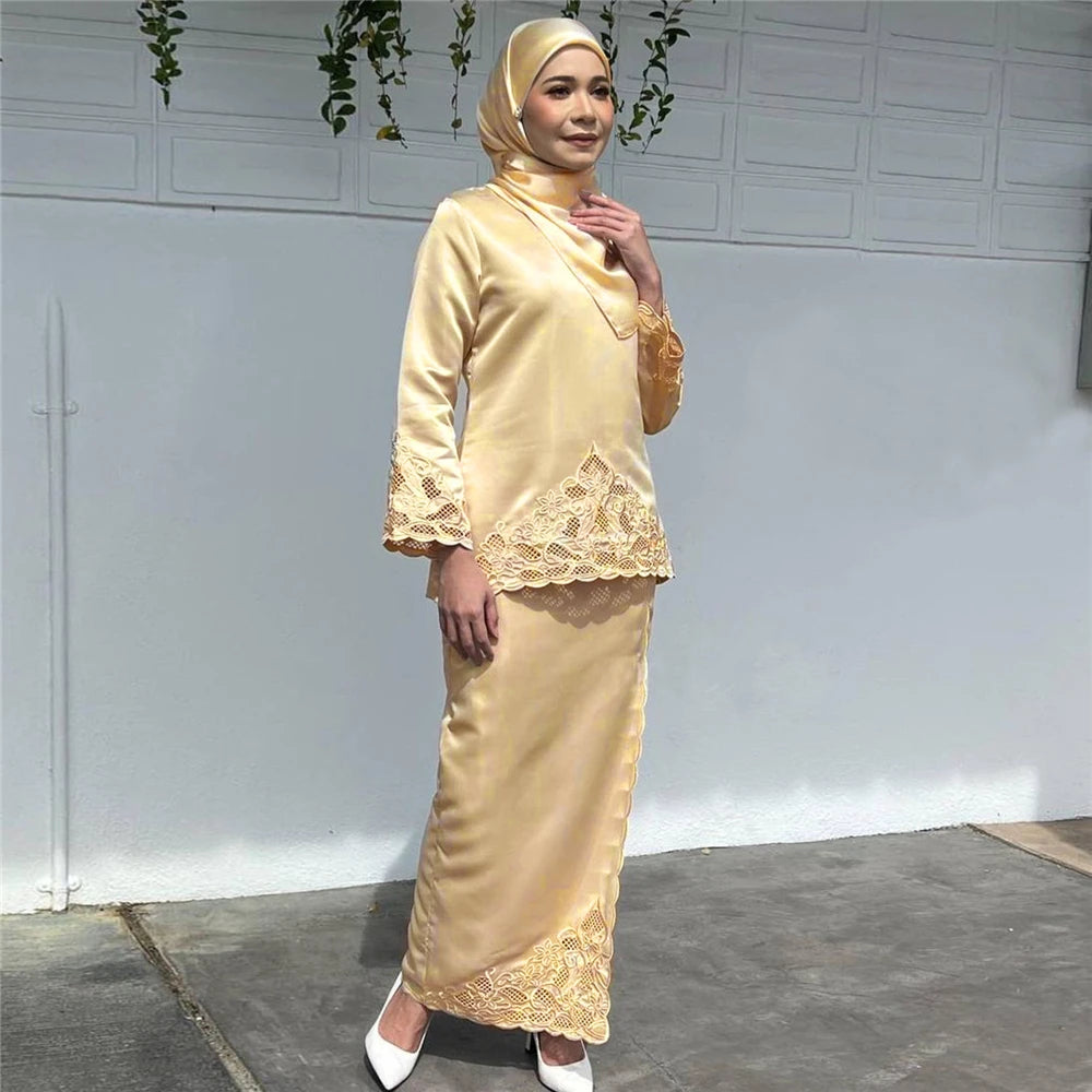 Turkey Ramadan Muslim Set | Satin Baju Kurung with Embroidery - Dhavinci