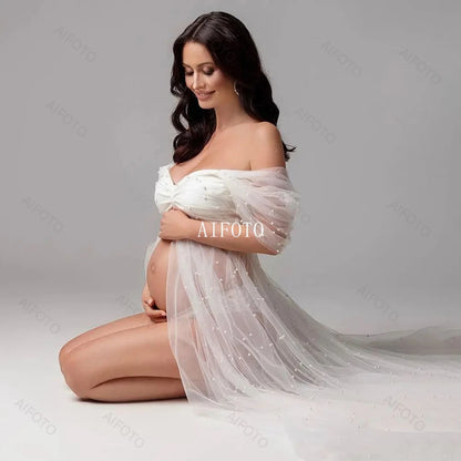 Tulle Maternity Dresses For Photo Shoot Pregnant Women Photography Props Lace Wraps Scattered Pearls Studded Mesh Outfit 200CM - Dhavinci