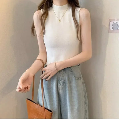 New Women's Solid Color Top Temperament High-Grade Sense With Knitted Sweater Bottom Shirt Halter Vest Short Sleeveless - Dhavinci