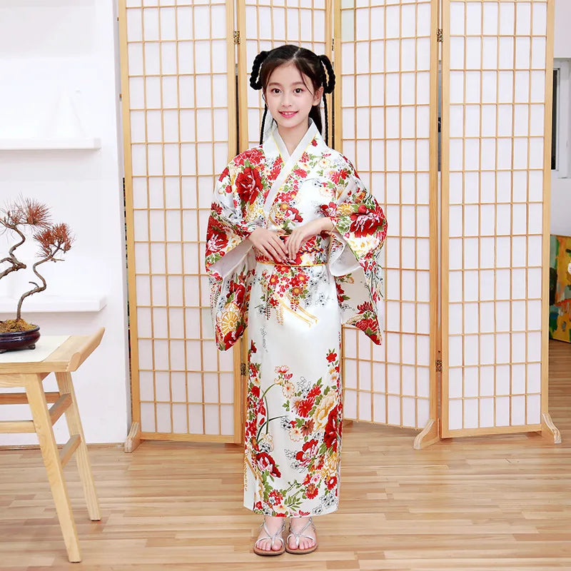 Classic Traditional Girls Kimono Gown Yukata with Obitage Japanese Bathrobe Print Flower Satin Cosplay Performance Clothing - Dhavinci