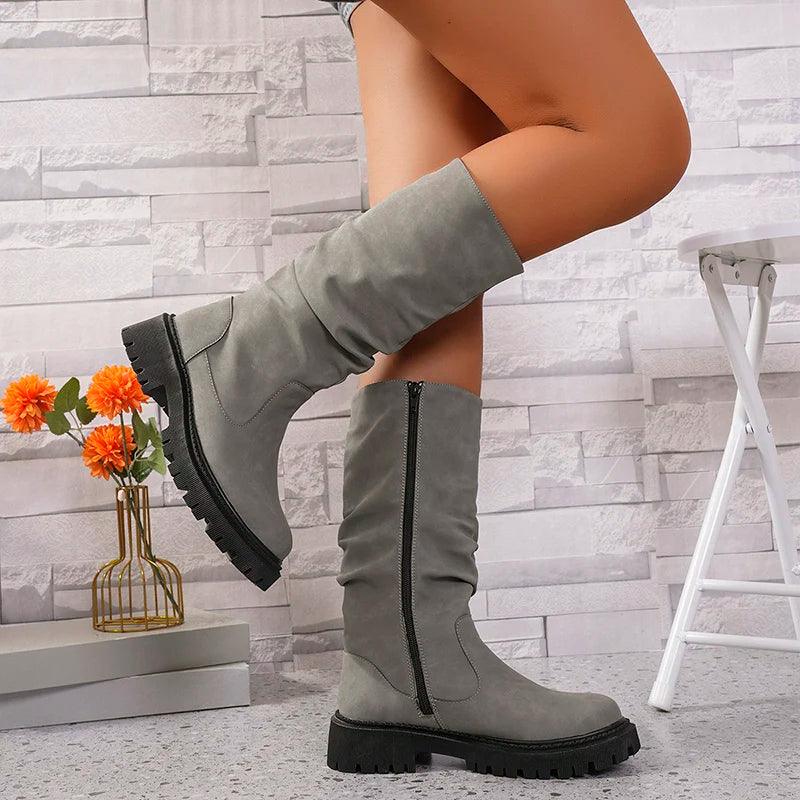 Fashion Pleated Platform Motorcycle Boots for Women | Non-Slip Knee-High - Dhavinci