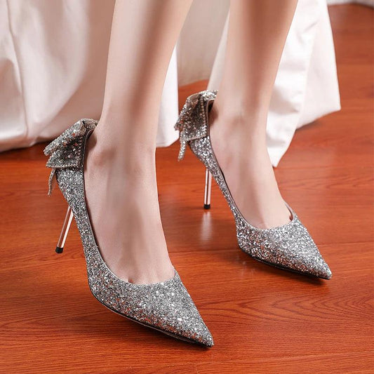 Bling Sequins Women's Pumps - Silver Shiny Bowknot High Heels - Dhavinci