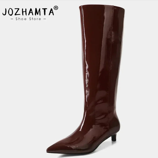 JOZHAMTA Size 34-43 Knee High Boots For Women Genuine Leather Sexy Pointy Kitten Heels Shoes Winter 2025 Wide Calf Long Boots - Dhavinci