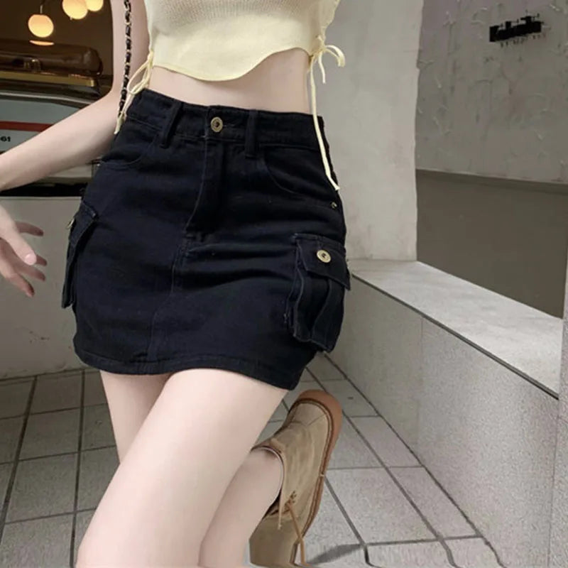 Summer Vintage Cargo Denim Skirts Women Harajuku High Waist Black Mini Skirt Woman Y2K with Pockets Button Jean Bag Hip Skirt - Dhavinci