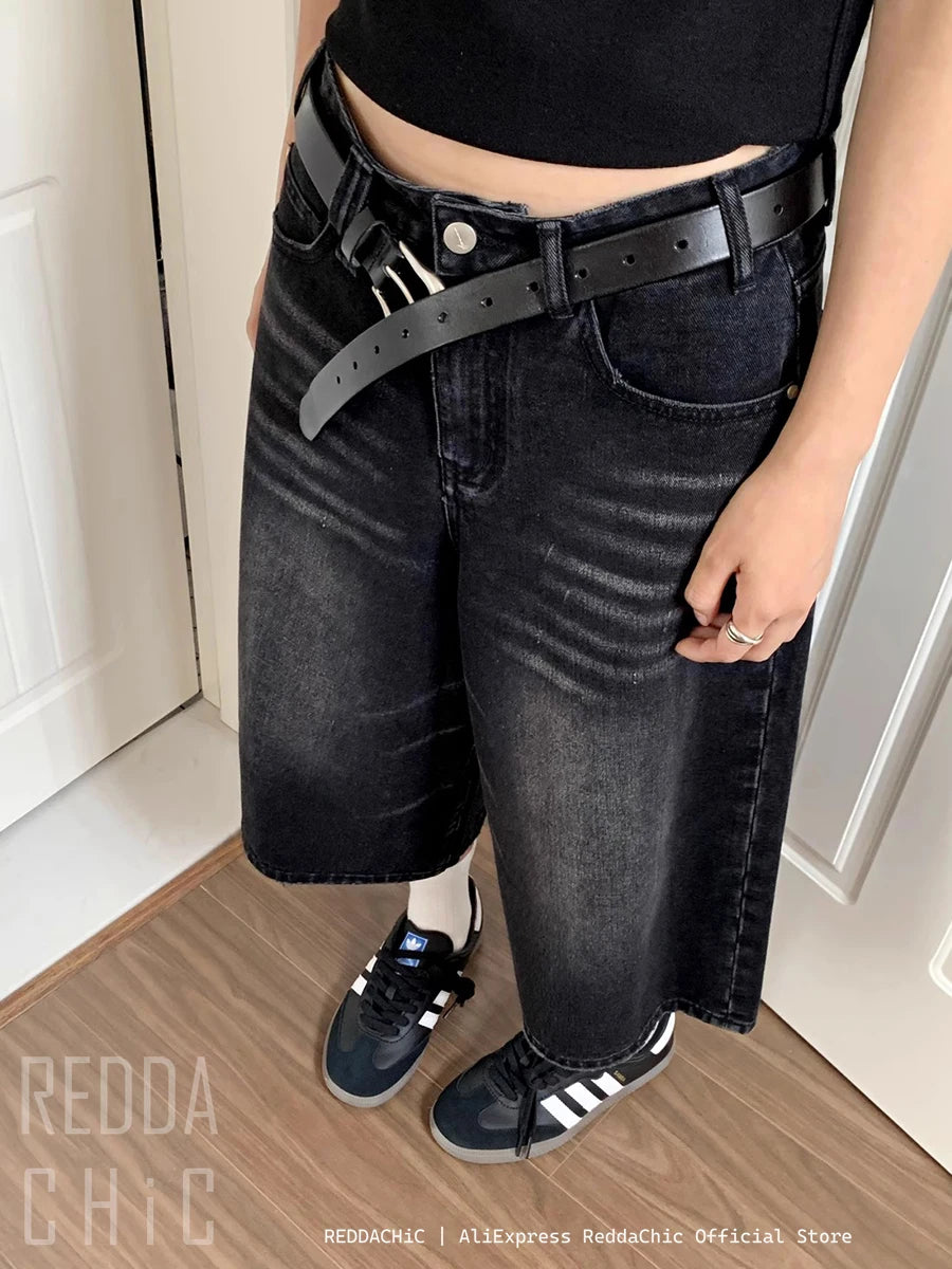 REDDACHiC Retro Y2k Baggy Jorts Women Men Whiskers Black Jeans Low Waist Casual Wide Pants Frayed Denim Shorts Big Size Clothes - Dhavinci