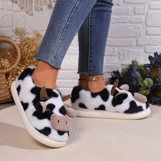 New Winter Cartoon Cow Plush Slippers for Women | Non-Slip Fur Slides - Dhavinci