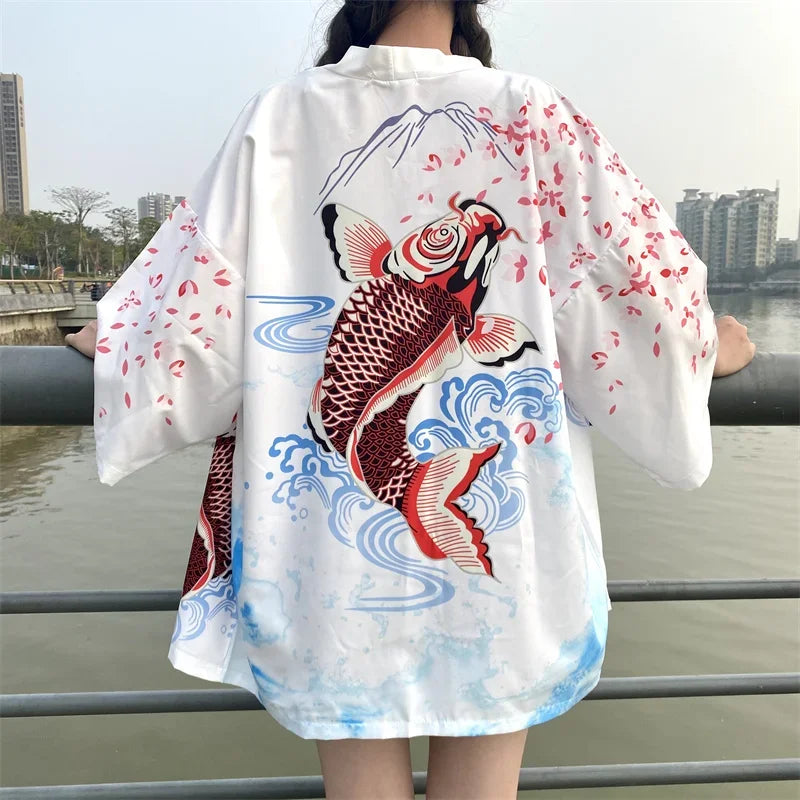 Bebovizi Japanese Style Flaming Phenix Print Cardigan Kimono Harajuku Women Men Sexy Yukata Female Streetwear Traditional Haori - Dhavinci