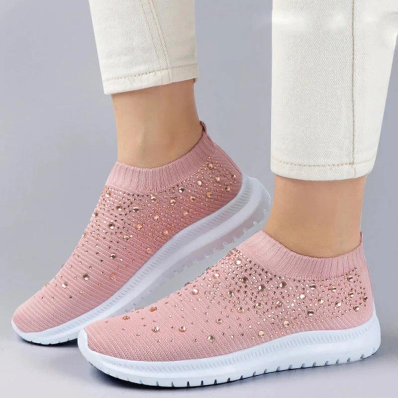 Shining Crystal Flats for Women | Breathable Knit Platform Sneakers - Dhavinci