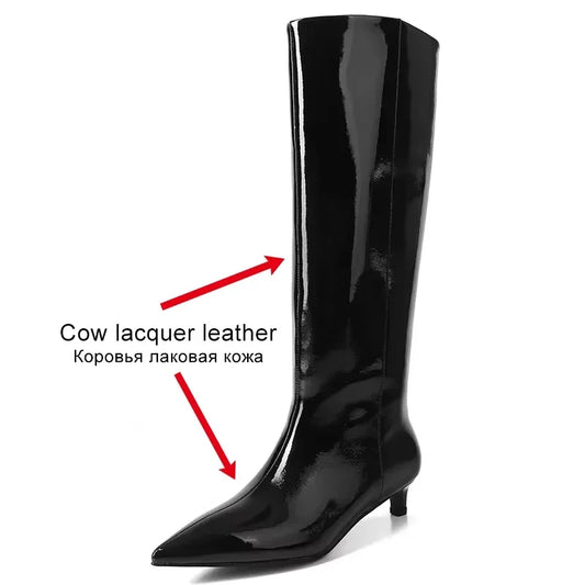 JOZHAMTA Size 34-43 Knee High Boots For Women Genuine Leather Sexy Pointy Kitten Heels Shoes Winter 2025 Wide Calf Long Boots - Dhavinci