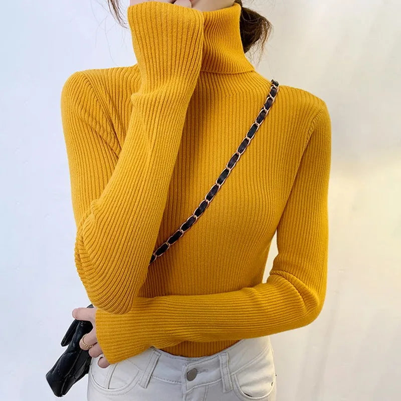 Women Long Sleeved Turtleneck Sweater Harajuku Pullover Women Knit Sweater Slim Elastic Korean Simple Basic Jumper Solid Tops - Dhavinci