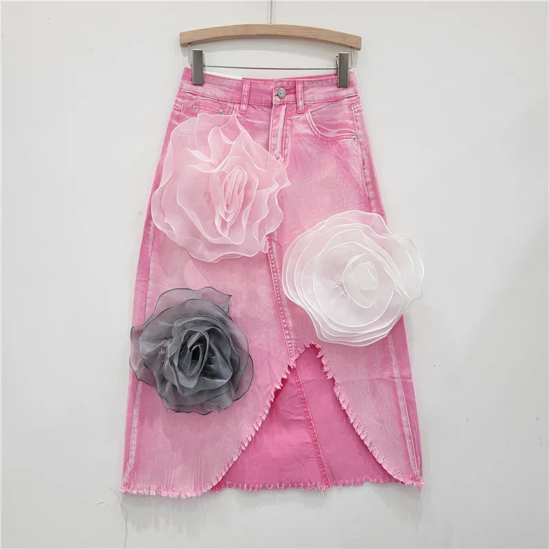 CM.YAYA Women 3D Big Flower Denim Skirts 2024 Autumn Fashion High Waist Sexy Boho Split Knee Length Skirt Women Beach Holiday - Dhavinci