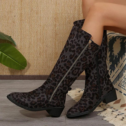 Leopard Print Knee-High Boots for Women | Medium Heels Cowboy Boots - Dhavinci