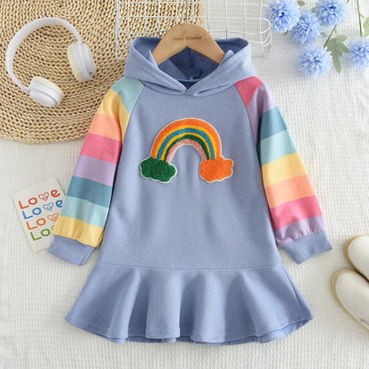 Girls Rainbow Striped Princess Dress | Autumn Long Sleeve Kids Dress