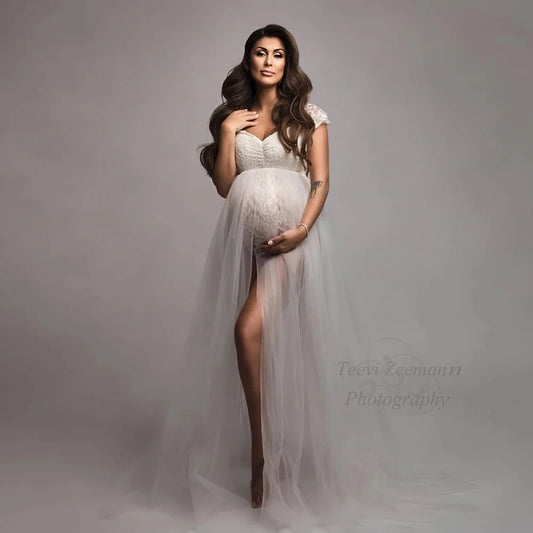 Maternity Photography Dresses Pregnancy Lace Bodysuit  Tulle Long Sides Slit With Flying Dress Pregnant Woman Photo Shoot Outfit - Dhavinci