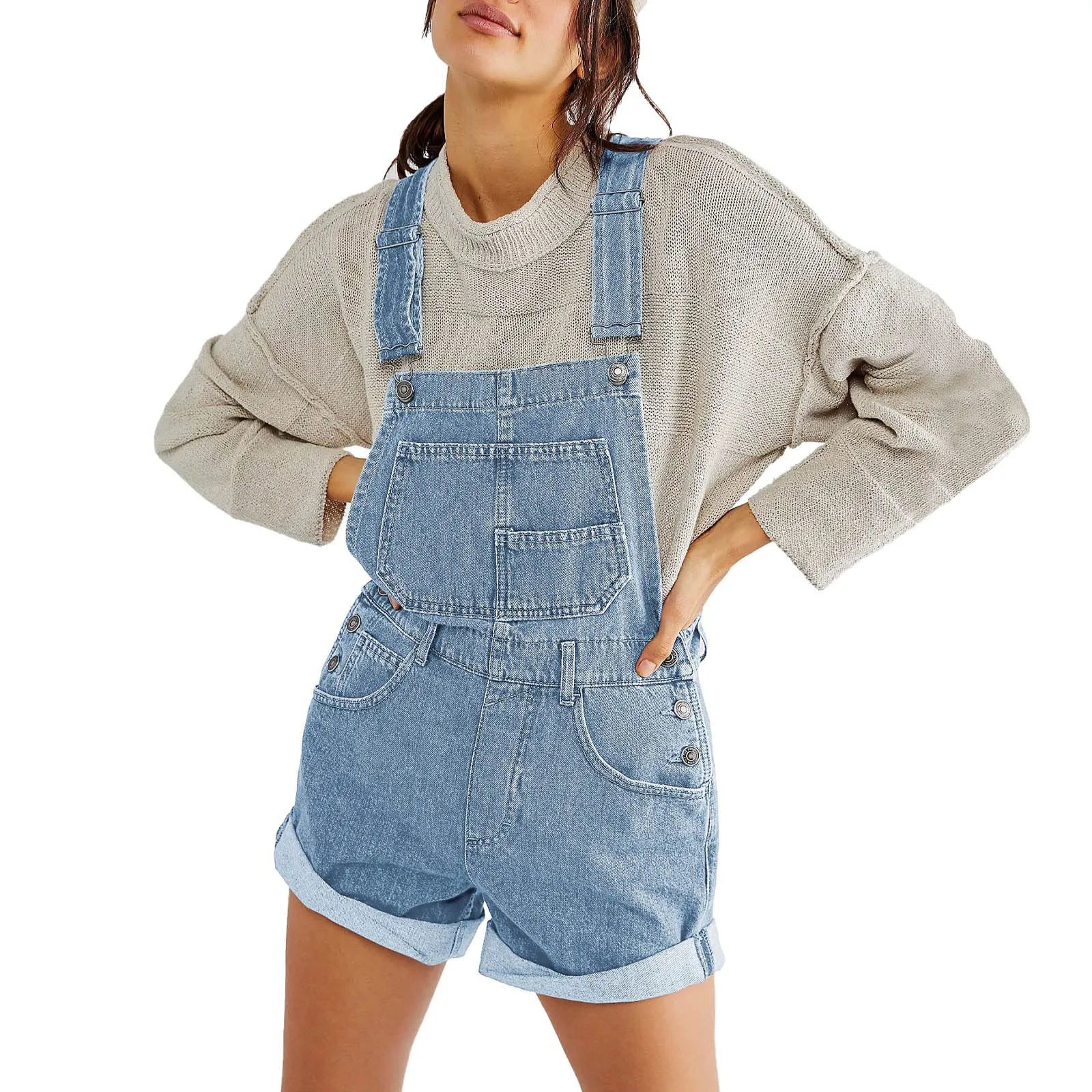 Summer Women Denim Overalls Adjustable Straps Romper Shorts y2k Style Casual Rolled Cuff Shortalls with Pockets Streetwear - Dhavinci