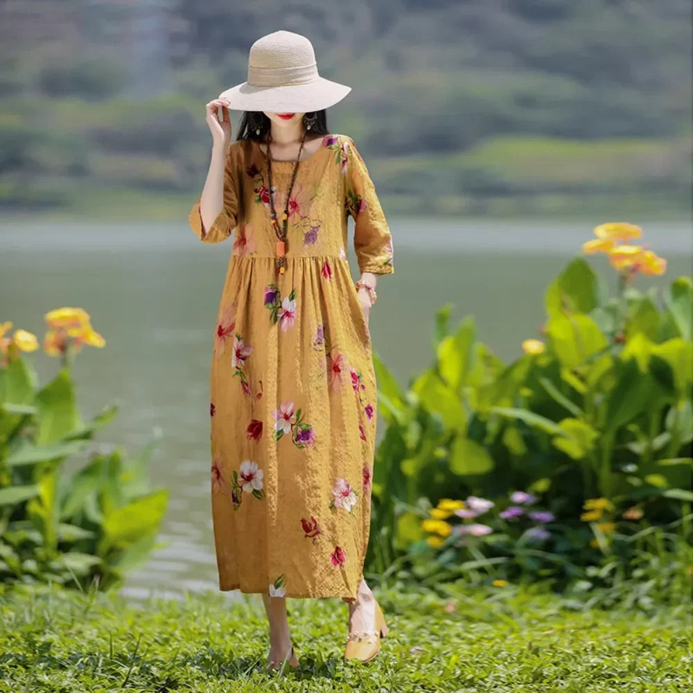 Elegant Comfortable Loose Streetwear Women Clothing Summer Dress for Women Fashion Casual Vintage Ethnic Style Clothes Print - Dhavinci