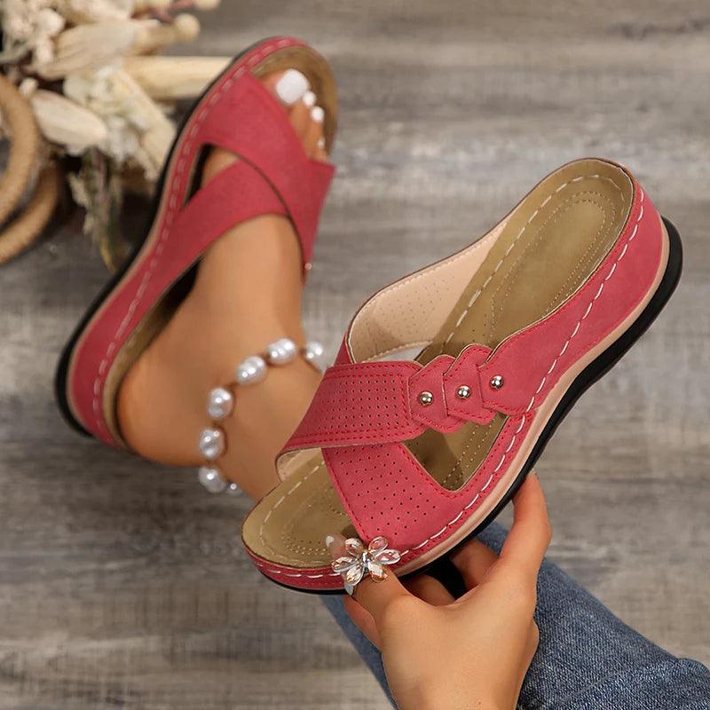 Rivet Platform Slippers | Women’s Cross Strap Wedge Sandals - Dhavinci