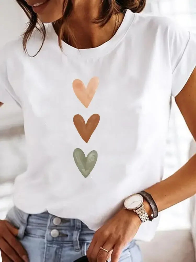 Casual Love Heart Graphic Tee for Women | Sweet Watercolor Summer Shirt - Dhavinci