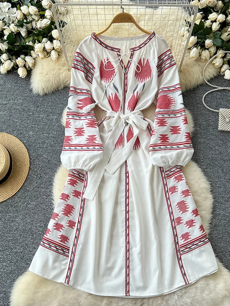 Bohemian Retro Ethnic Style Dress Women's Spring Autumn Embroidered Lace Up Lantern Sleeves Waist Cinching Long Dress A153 - Dhavinci